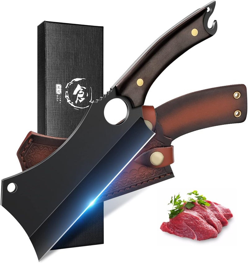 ROCOCO Butcher Meat Cleaver Knife - Hand Forged Meat Cutting Knife with Sheath Outdoor BBQ Camping Birthday Christmas Gift Idea Men Black 5.9" - Image 1